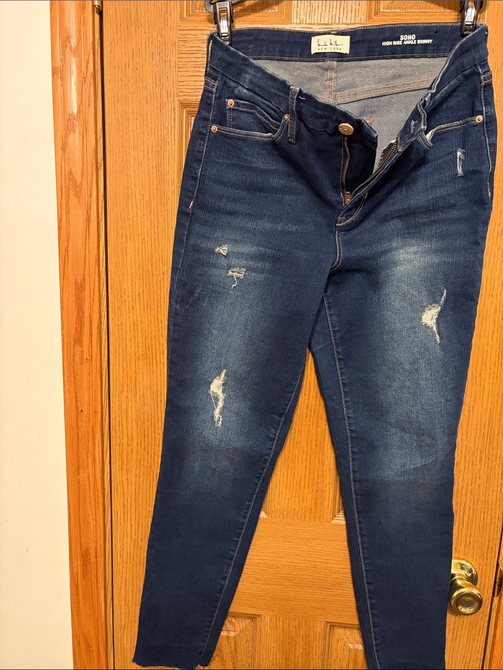 Soho High-Rise Dark Blue Distressed ankle Skinny Jeans by Nicole miller